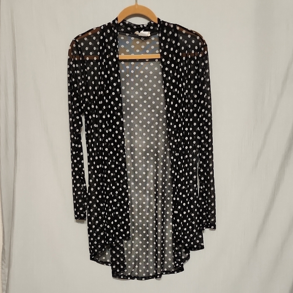 Rae Republic Sheer Black White Polka Dot Open Front Duster Cardigan Layering M